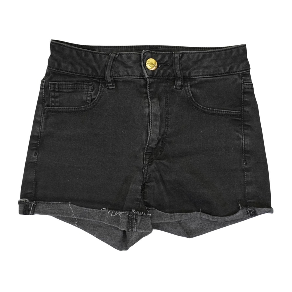American Eagle Hi-Rise Shortie Women 2 Black Super Stretch‎ Raw Hem Denim Shorts